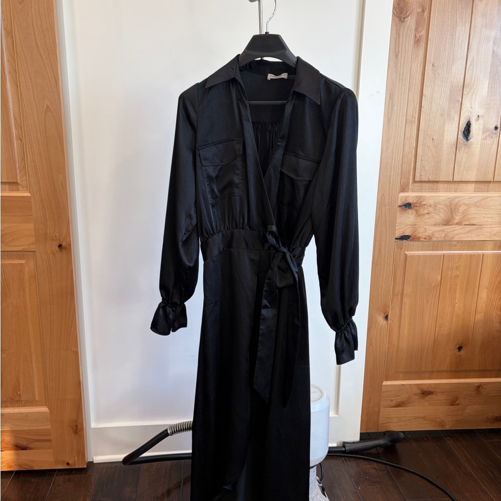 Ramy Brook Black Laney Satin Wrap Midi Dress